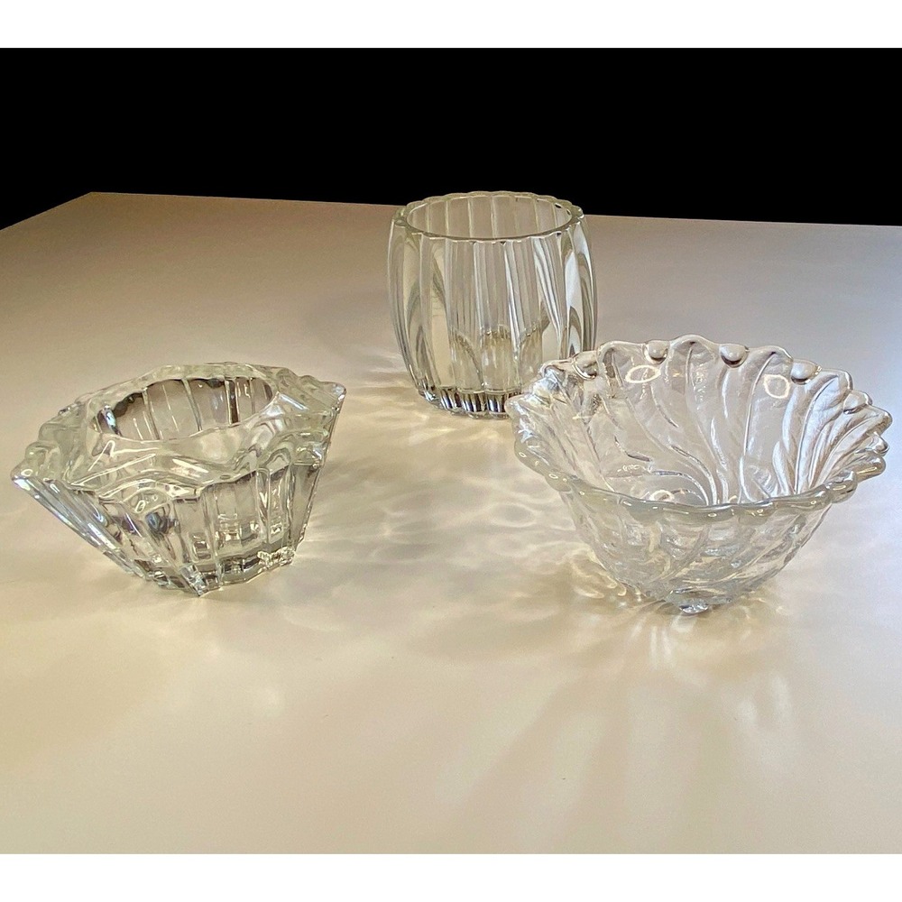 Clear Glass Crystal Swirl Decorative Bowl Set Candle Holders Lot of 3